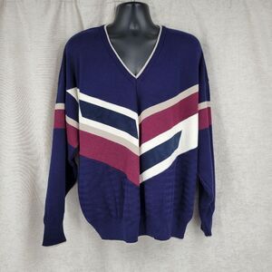 Gabicci Vintage Italian Wool Blend Navy Burgundy Taupe V-Neck Sweater Men's XL